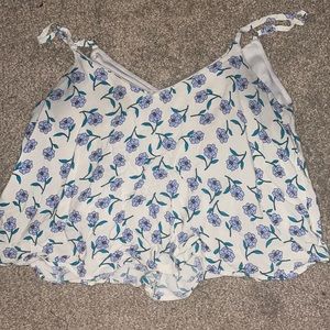 Large flowy blue and white flowered crop top